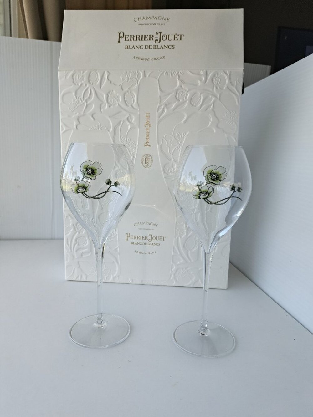 Perrier Jouet Green & White Belle Époque Tulip Champagne Glasses Set of 2